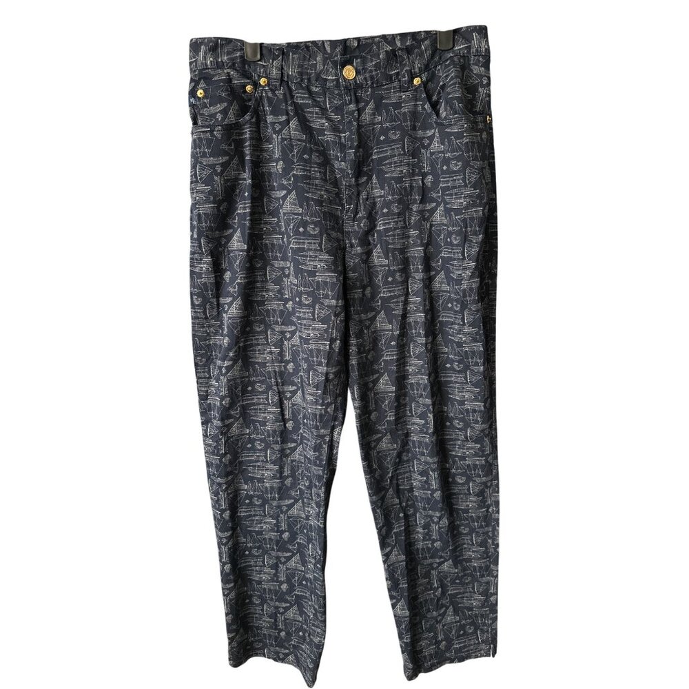 Lauren Ralph Lauren Nautical Navy Ankle Pant Ship Boat Blue Print Cotton Size 12